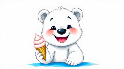 Fototapeta premium Cartoon polar bear with ice cream, featuring a sweet treat and cheerful expression against a clean, white background. Child friendly theme.
