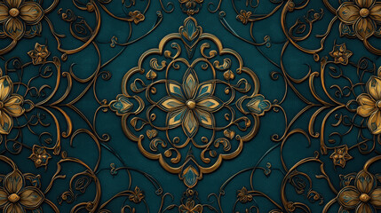 Intricate teal and gold floral pattern with elegant design