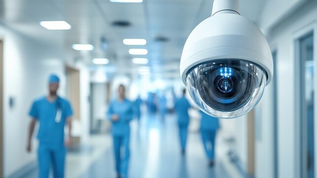 Cctv camera view capturing hospital corridor activity modern healthcare facility security environment close-up perspective