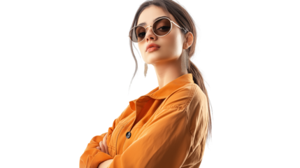 Social media influencer in trendy fashion, confident pose, clean white background, isolated PNG