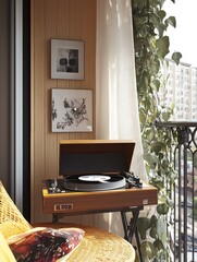 A record player with two framed prints on wood paneling