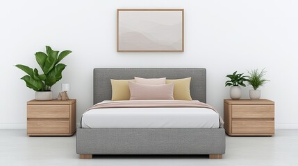 Naklejka premium Soft pastel colors define this stylish bedroom, showcasing a grey bed adorned with pink pillows and complemented by wooden accents