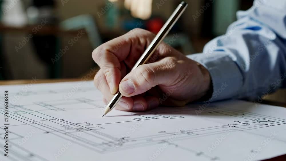 Poster technical drawing process capturing focused engineer sketching detailed blueprint on wooden desk, sl