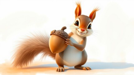 Squirrel with Acorn: Adorable cartoon squirrel holding a large acorn, showcasing a cute and whimsical portrayal of nature.