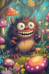 Illustration of a whimsical, wide eyed monster with fuzzy fur and a big toothy grin, sitting in a meadow surrounded by oversized mushrooms and candy colored flowers. The bright colors and friendly