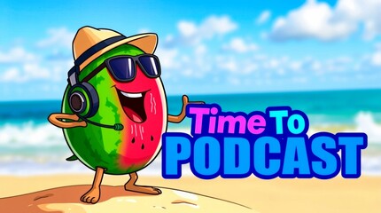 Naklejka premium Podcast time with a cool watermelon character wearing headphones, sunglasses, and a hat, set on a tropical beach with the ocean in the background.