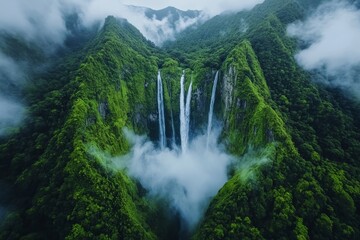 Fototapeta premium A breathtaking waterfall cascading down moss-covered cliffs. Generative AI