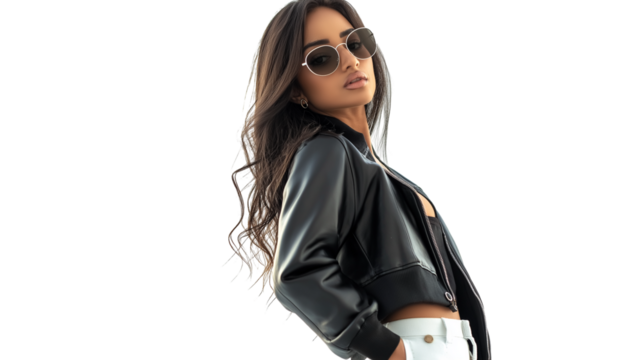 Social media influencer in trendy fashion, confident pose, clean white background, isolated PNG