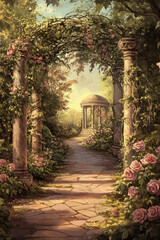 Obraz premium Illustration of a romantic garden filled with blooming roses, ivy covered trellises, and a stone pathway leading to a secluded gazebo. The warm, soft colors evoke a sense of timeless romance and
