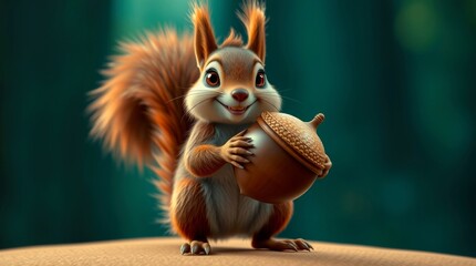Cute animated squirrel holding an acorn with a big grin in a whimsical forest setting, perfect for kids' content and nature lovers.