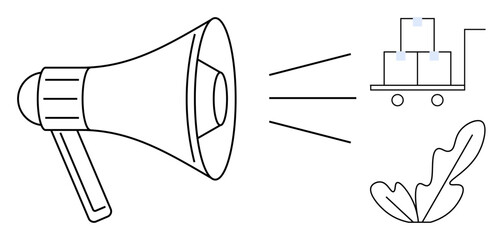 Megaphone projecting sound towards a cart with boxes, accompanied by leaf illustration. Ideal for logistics, supply chain, communication, announcements, shipping, transportation marketing. Abstract