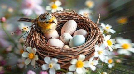 Bird in Nest with Easter Eggs Spring Flowers