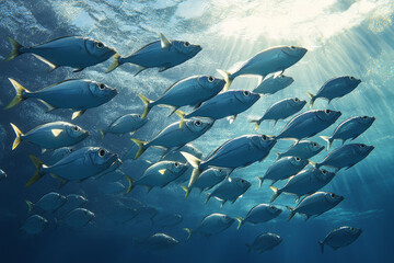 Obraz premium Illustration of a school of fish swimming in formation through the clear blue ocean, their scales shimmering in the sunlight. The scene is peaceful, evoking a sense of harmony and beauty in the