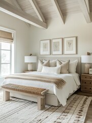 Fototapeta premium A minimalist bedroom with bed linens and artwork displays modern elegance