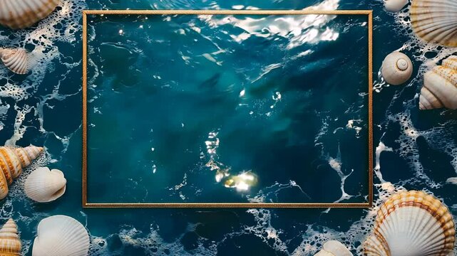 Deep blue ocean water framed with seashells and golden border reflecting sunlight and waves