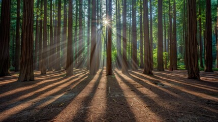 Fototapeta premium Sunlight streaming through a forest of tall redwood trees, casting long shadows on the forest floor