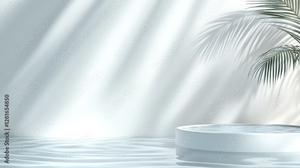 Poster light blue backdrop with palm tree shadows in an empty room offers a serene setting for showcasing s