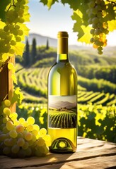 Fototapeta premium captivating bottle white wine set lush green vines grapevines creating breathtaking vineyard scene, grapes, greenery, foliage, landscape, drink, beverage