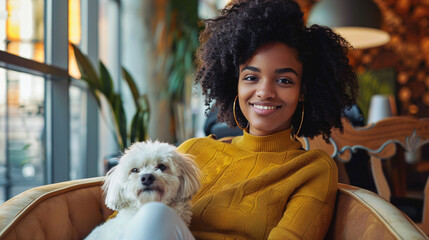 African American woman with dog. Welcoming pet-friendly hotel lobby where guests and their dogs relax together plush pet beds, water bowls, and smiles abound