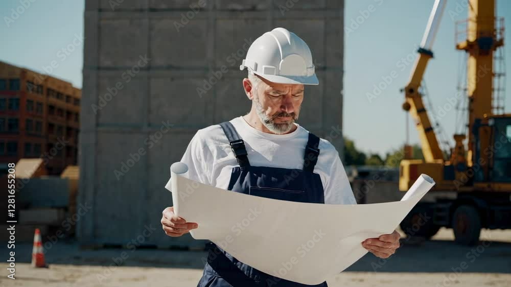 Poster experienced engineer examines blueprints on a sunny construction site, meticulously reviewing plans 