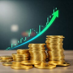 A stack of golden coins with a growing financial graph in the background, symbolizing investment growth and financial success.