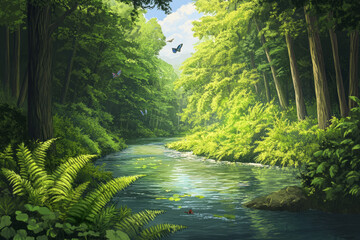 Fototapeta premium Illustration of a serene river winding through a lush forest, surrounded by tall trees and vibrant green ferns. Birds and butterflies flit above the water, creating a peaceful, idyllic scene that