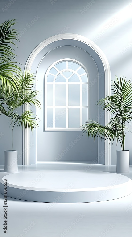 Poster light blue backdrop with palm tree shadows in an empty room offers a serene setting for showcasing s