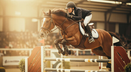 Horse, jumping and rider at equestrian competition, showjumping sport and professional arena performance. Sunset, race event and athlete with training discipline