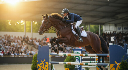 Horse, jumping and rider at equestrian competition, showjumping sport and professional arena performance. Sunset, race event and athlete with training discipline