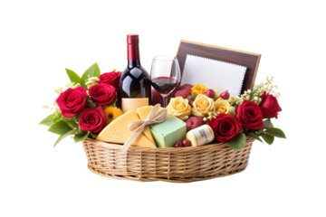 Chic Elegant Mother’s Day Gift Basket with Wine, Gourmet Cheeses, and Roses, Transparent Background