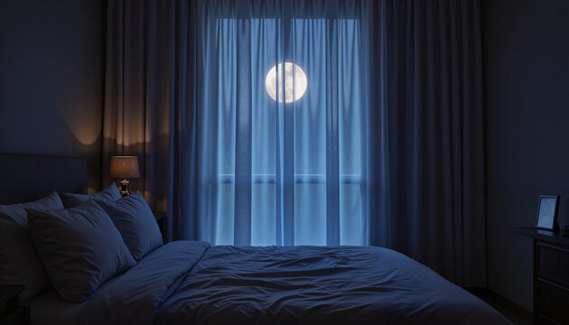 Moonlit bedroom scene with soft curtains at night, tranquil ambiance