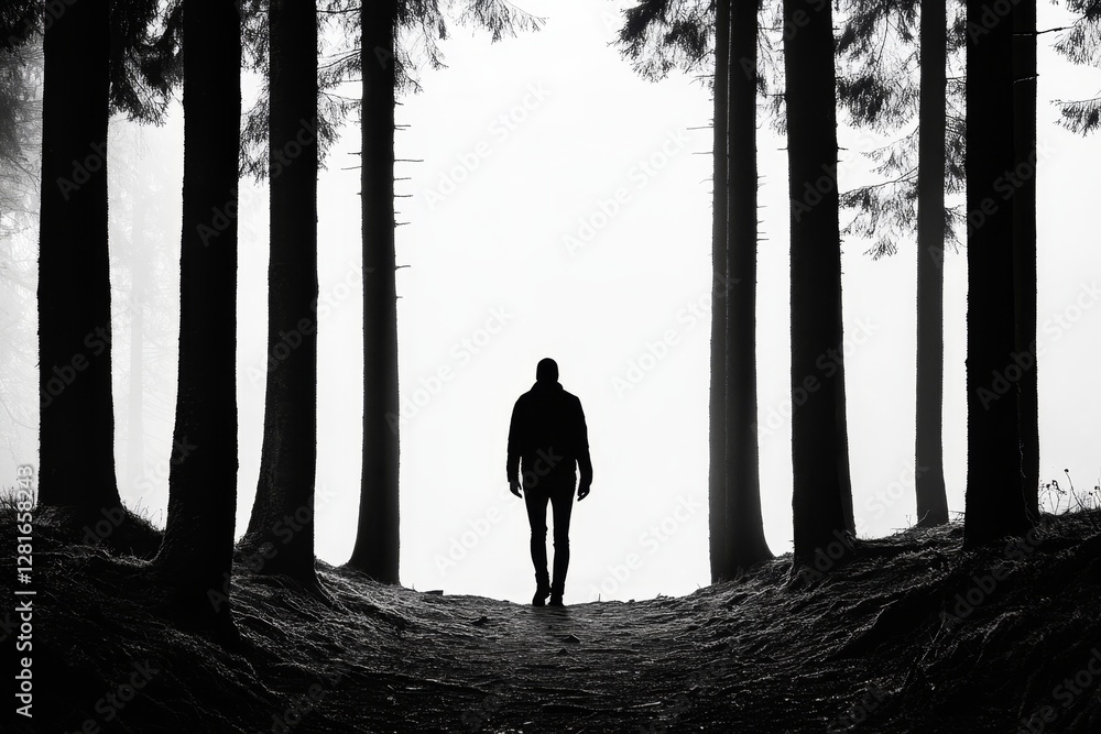 Poster man walking in misty forest - silhouette of a lone man walking on a path through a misty forest, sur