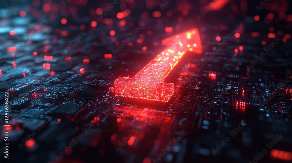 Poster glowing red arrow pointing upwards on a digital circuit board background with glowing particles