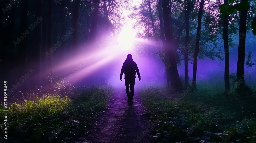 Poster man walking into the light - silhouette of a person walking on a path in a forest with a bright ligh