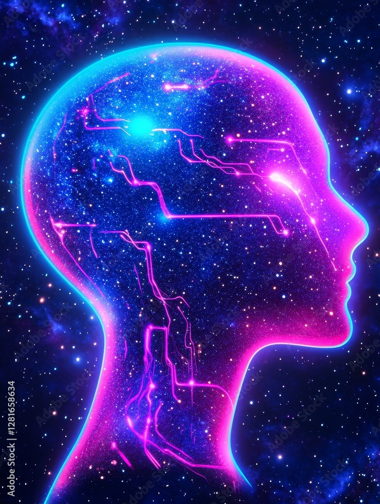 Poster mind in the cosmos - neon profile of a head with circuit lines resembling a galaxy, symbolizing ai o