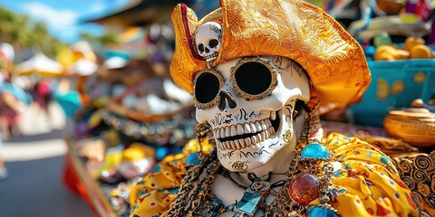 Vibrant skeleton figure adorned with colorful decorations.