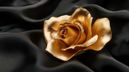 Elegant golden rose on dark silk background symbolizing luxury and sophistication