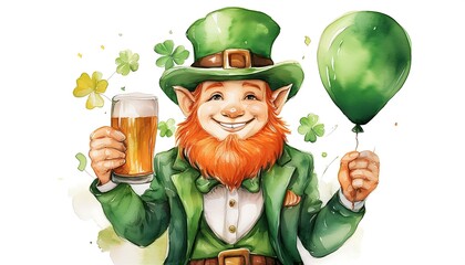 Lively leprechaun celebrating with beer and balloon at a festive gathering in a colorful watercolor style. Generative AI