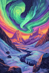 Fototapeta premium Illustration of a sky full of swirling auroras, lighting up the night in vibrant shades of green, purple, and blue. Below, a frozen landscape stretches out, with icy peaks and a quiet, magical