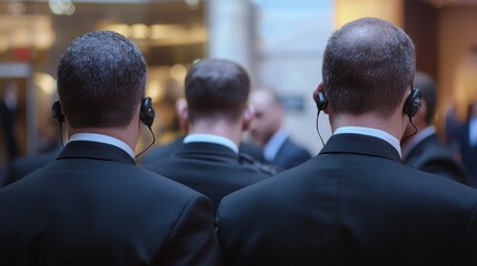 A group of bodyguards communicating via earpieces during a high-profile event.