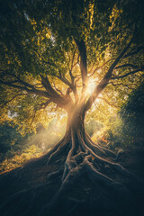 Illustration of an ancient tree with sprawling roots and branches, its leaves glowing with ethereal light. The tree stands in the center of a mystical forest, surrounded by magical creatures and