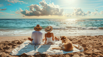 Couple relaxes on a sunny beach with their dog, enjoying a peaceful getaway together. Pet-friendly travel, leisure, and shared moments in nature concept