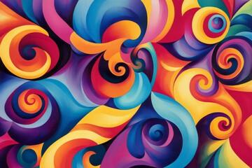 Fototapeta premium Illustration of swirling abstract patterns in vibrant, bold hues, with smooth transitions between colors that evoke a sense of movement. The fluid shapes and vivid contrasts create a visually dynamic,