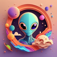 Obraz premium An extraterrestrial figure emerges from a surreal cosmic landscape, its vibrant colors and glowing details hinting at mysteries beyond our world.