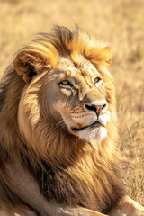 Obraz premium Illustration of a proud lion basking in the warmth of the African sun, with a golden mane blowing gently in the breeze. The vast savanna stretches out behind it, creating a majestic and powerful