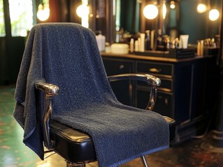 Fototapeta premium Microfiber towel resting on barbershop chair in a stylish salon