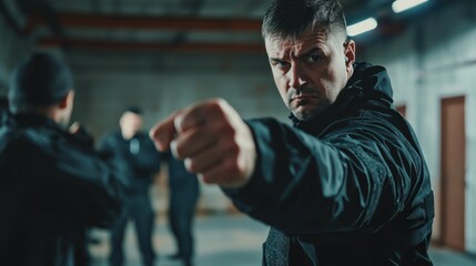 A bodyguard instructor teaching defensive techniques in a training center.