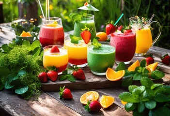 vibrant summer beverage scene featuring refreshing colorful lush greenery bright seasonal vibe, drink, refreshment, lemonade, cocktail, mint, lemon, ice