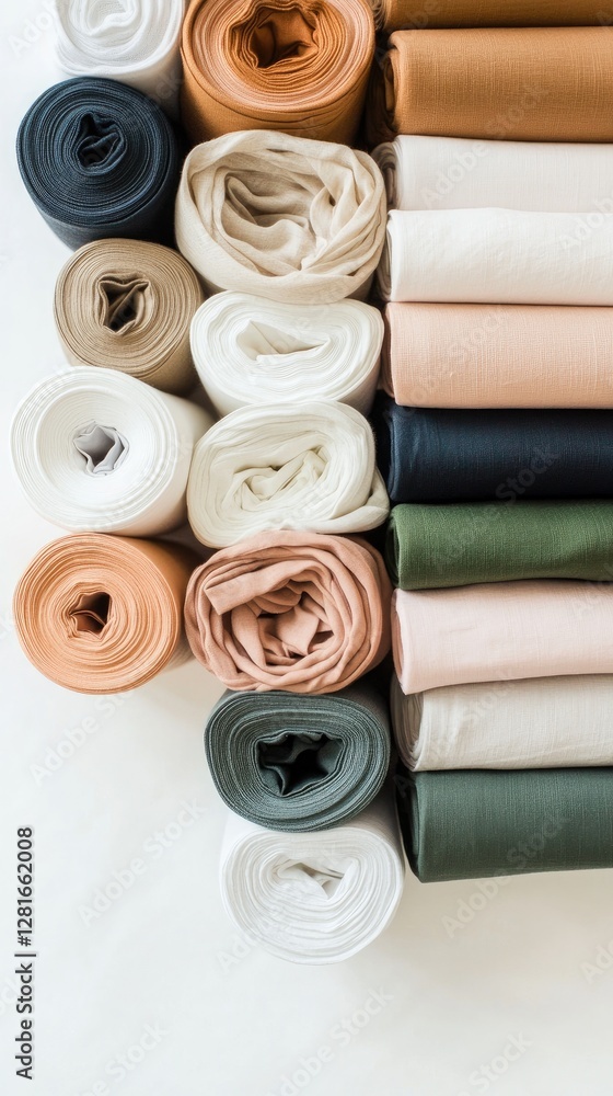Poster collection of rolled fabrics in neutral tones displayed on a white backdrop, emphasizing soft textur