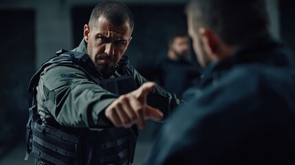 A bodyguard instructor teaching defensive techniques in a training center.